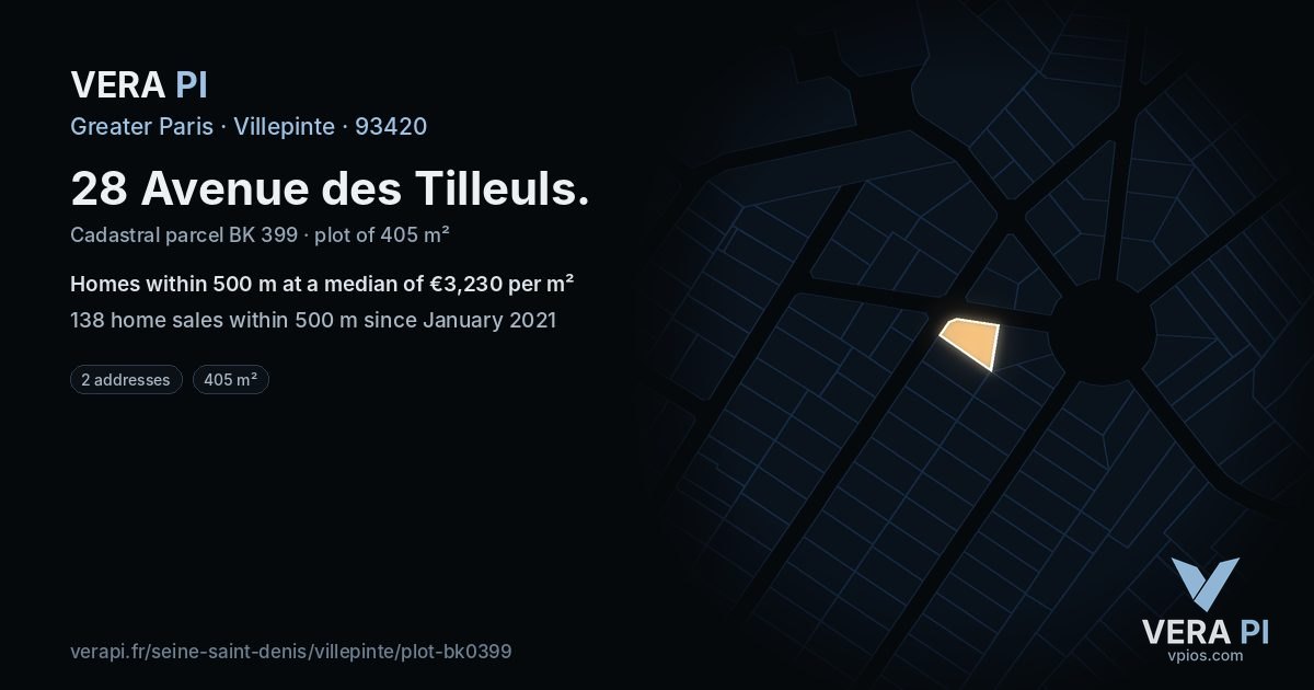 28 Avenue des Tilleuls, Villepinte at night – the plot lit, the parcels around coloured by the prices near them