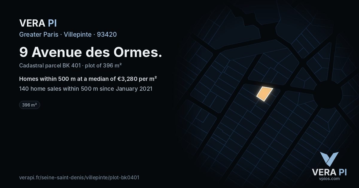 9 Avenue des Ormes, Villepinte at night – the plot lit, the parcels around coloured by the prices near them