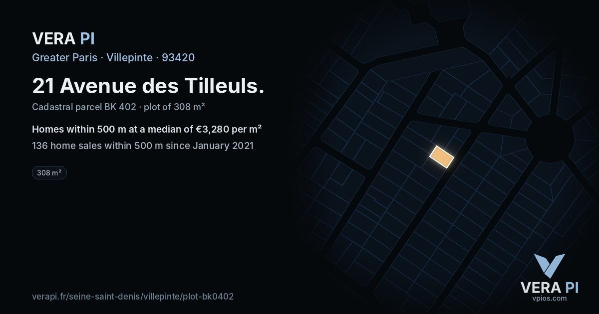 21 Avenue des Tilleuls, Villepinte at night – the plot lit, the parcels around coloured by the prices near them