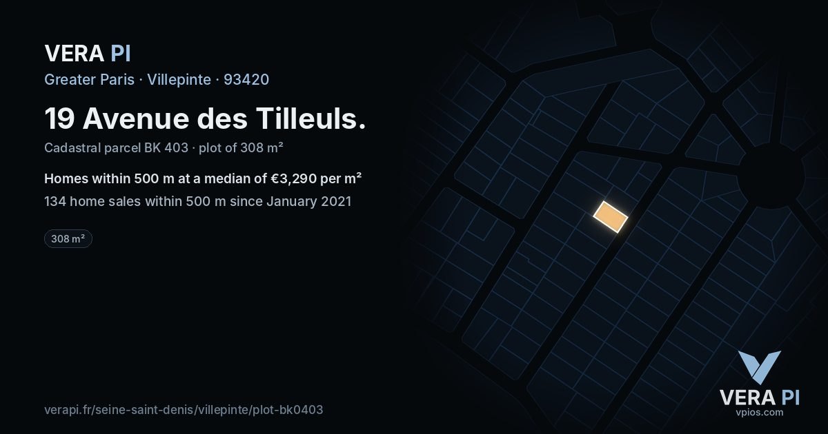 19 Avenue des Tilleuls, Villepinte at night – the plot lit, the parcels around coloured by the prices near them