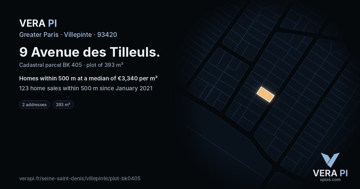 9 Avenue des Tilleuls, Villepinte at night – the plot lit, the parcels around coloured by the prices near them