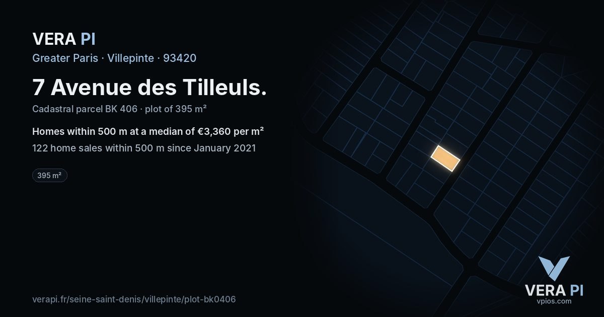 7 Avenue des Tilleuls, Villepinte at night – the plot lit, the parcels around coloured by the prices near them