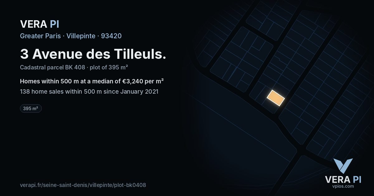 3 Avenue des Tilleuls, Villepinte at night – the plot lit, the parcels around coloured by the prices near them