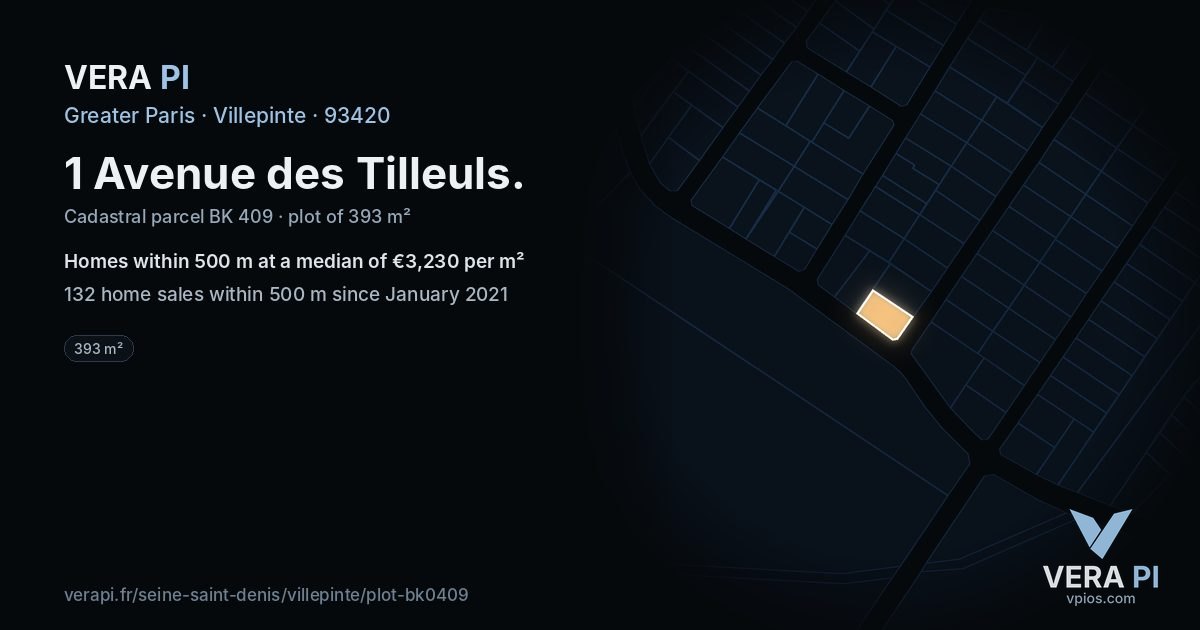 1 Avenue des Tilleuls, Villepinte at night – the plot lit, the parcels around coloured by the prices near them