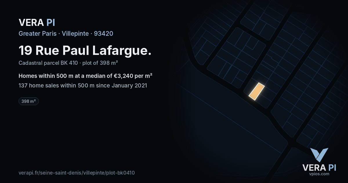 19 Rue Paul Lafargue, Villepinte at night – the plot lit, the parcels around coloured by the prices near them