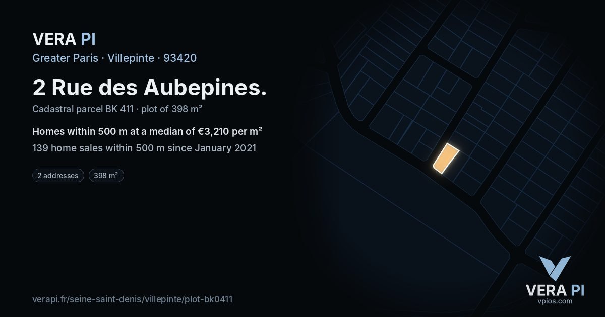2 Rue des Aubepines, Villepinte at night – the plot lit, the parcels around coloured by the prices near them