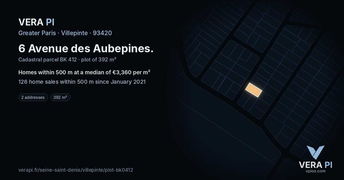 6 Avenue des Aubepines, Villepinte at night – the plot lit, the parcels around coloured by the prices near them