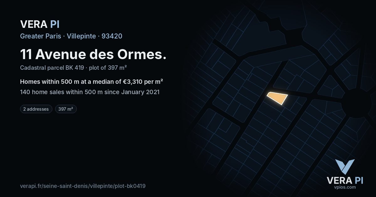 11 Avenue des Ormes, Villepinte at night – the plot lit, the parcels around coloured by the prices near them