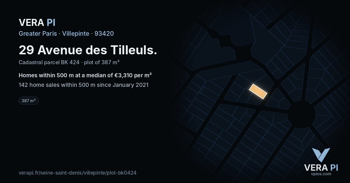 29 Avenue des Tilleuls, Villepinte at night – the plot lit, the parcels around coloured by the prices near them