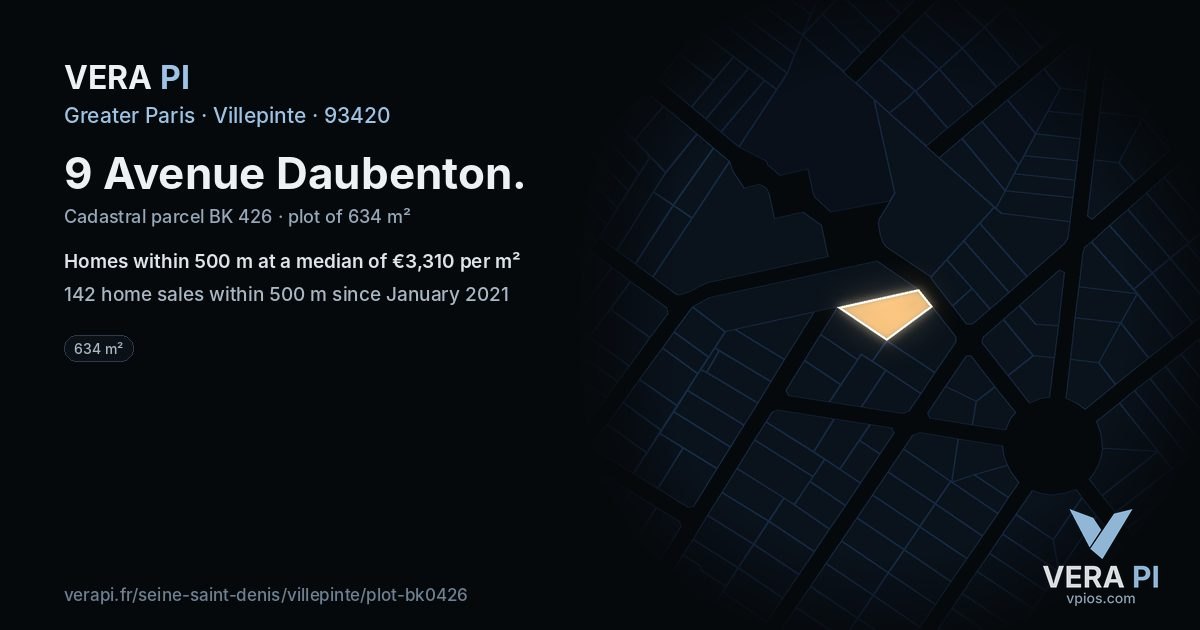 9 Avenue Daubenton, Villepinte at night – the plot lit, the parcels around coloured by the prices near them