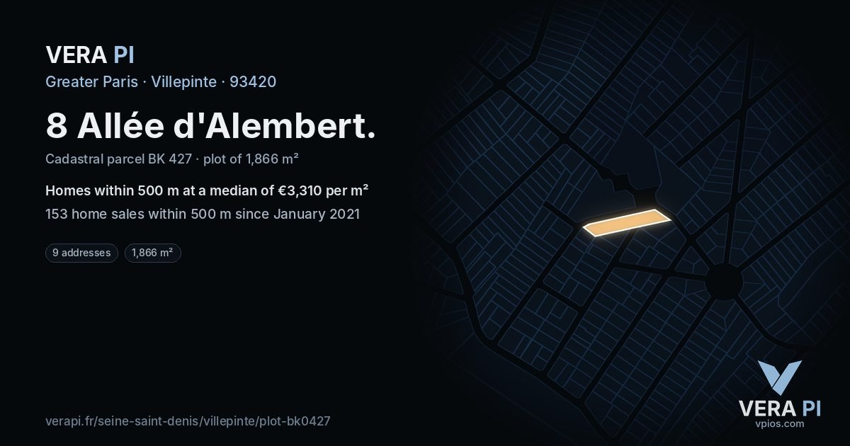 8 Allée d'Alembert, Villepinte at night – the plot lit, the parcels around coloured by the prices near them