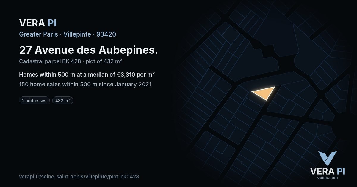 27 Avenue des Aubepines, Villepinte at night – the plot lit, the parcels around coloured by the prices near them