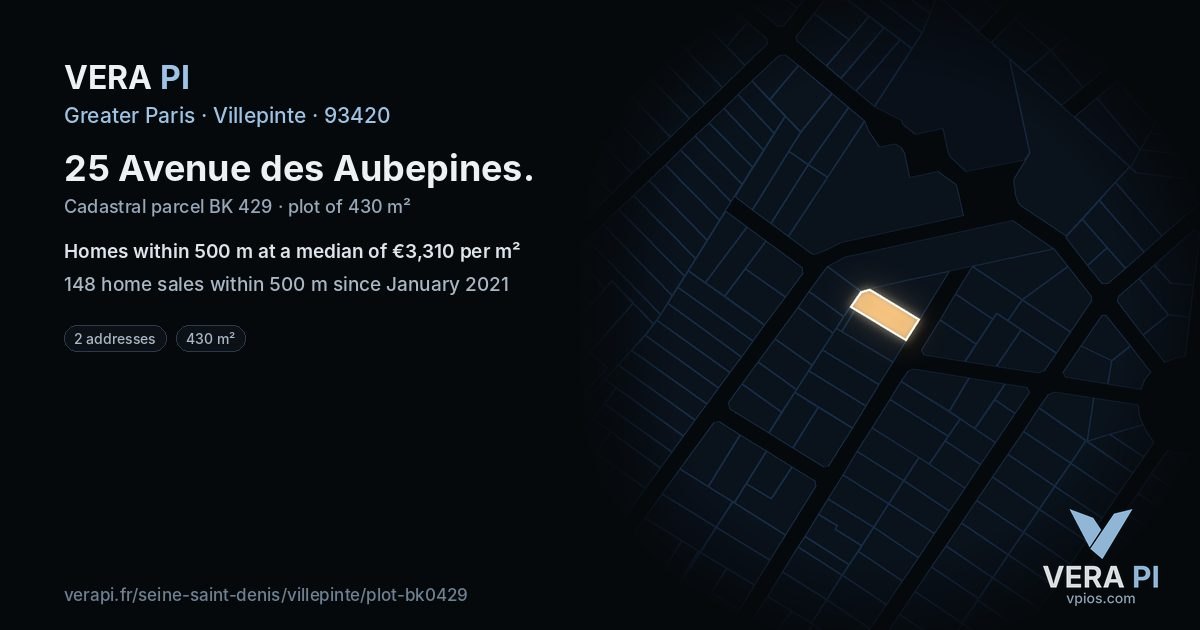 25 Avenue des Aubepines, Villepinte at night – the plot lit, the parcels around coloured by the prices near them
