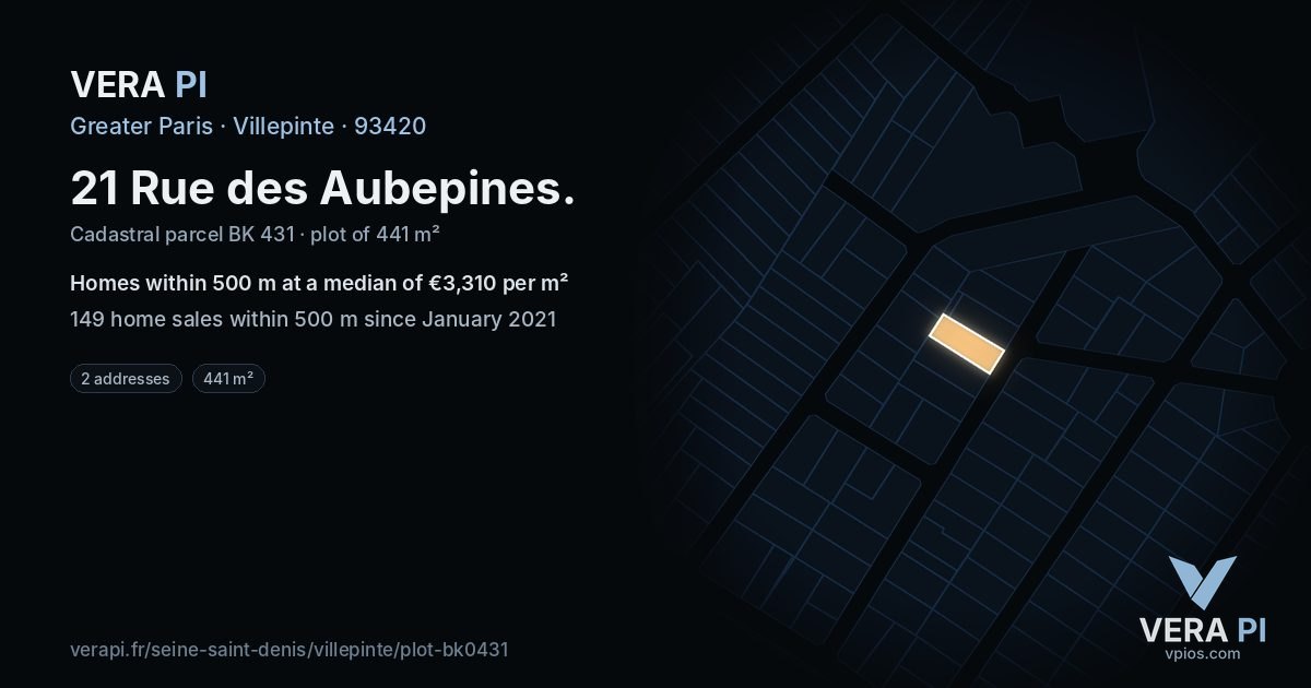 21 Rue des Aubepines, Villepinte at night – the plot lit, the parcels around coloured by the prices near them