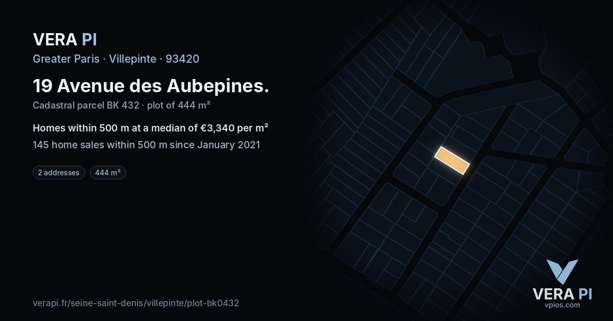 19 Avenue des Aubepines, Villepinte at night – the plot lit, the parcels around coloured by the prices near them