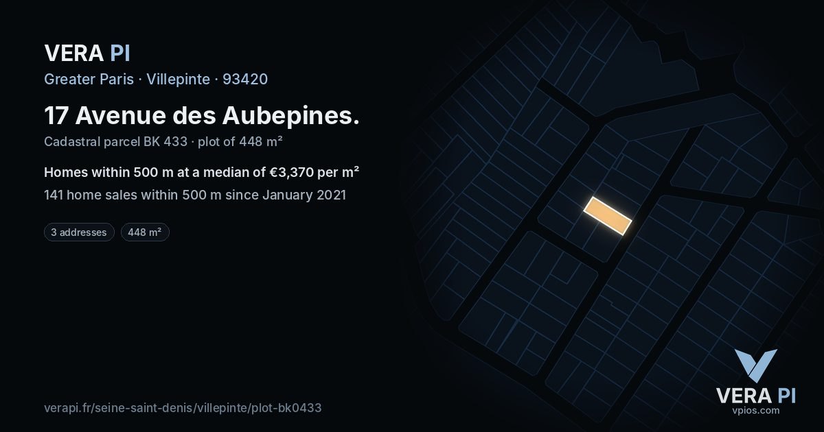 17 Avenue des Aubepines, Villepinte at night – the plot lit, the parcels around coloured by the prices near them
