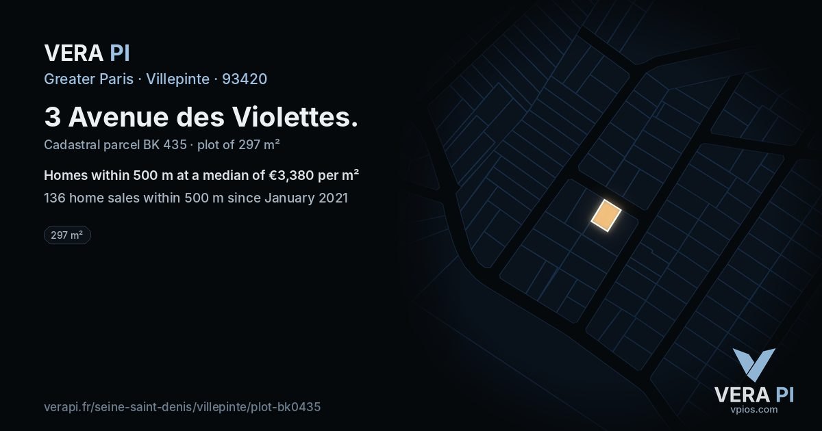 3 Avenue des Violettes, Villepinte at night – the plot lit, the parcels around coloured by the prices near them