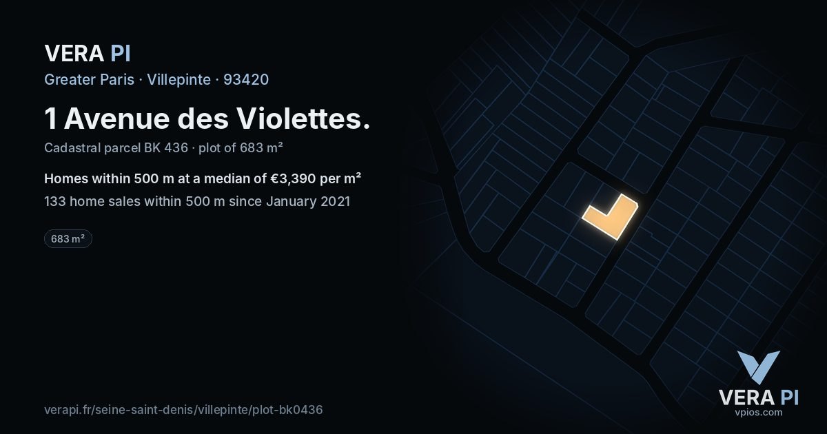 1 Avenue des Violettes, Villepinte at night – the plot lit, the parcels around coloured by the prices near them