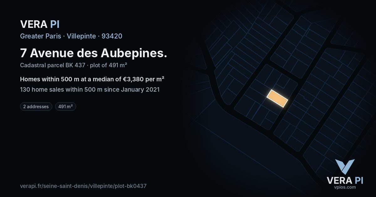 7 Avenue des Aubepines, Villepinte at night – the plot lit, the parcels around coloured by the prices near them