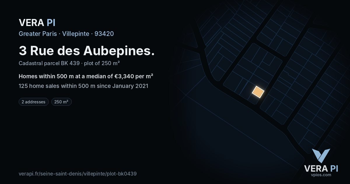 3 Rue des Aubepines, Villepinte at night – the plot lit, the parcels around coloured by the prices near them