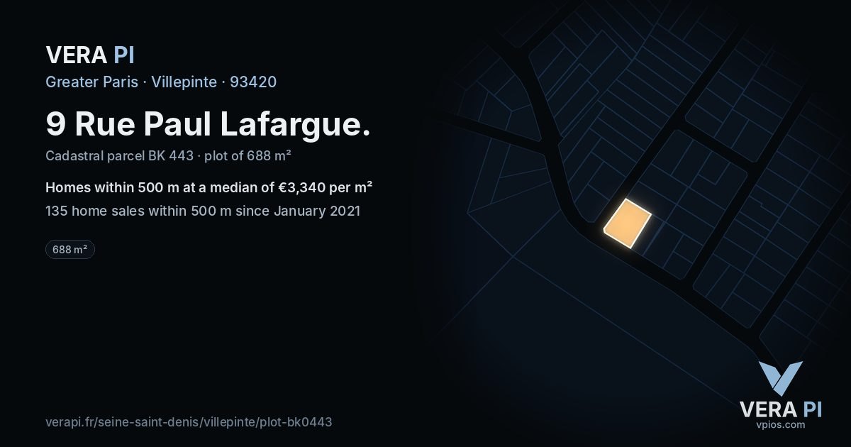 9 Rue Paul Lafargue, Villepinte at night – the plot lit, the parcels around coloured by the prices near them