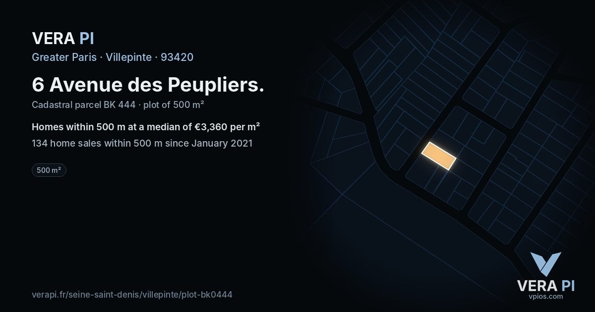 6 Avenue des Peupliers, Villepinte at night – the plot lit, the parcels around coloured by the prices near them