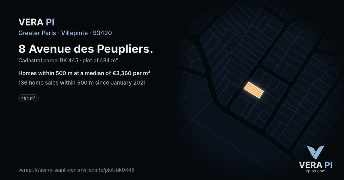 8 Avenue des Peupliers, Villepinte at night – the plot lit, the parcels around coloured by the prices near them