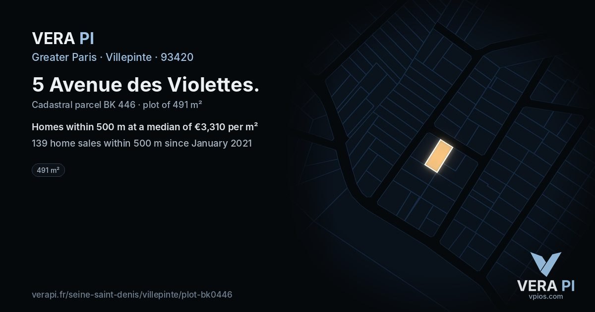 5 Avenue des Violettes, Villepinte at night – the plot lit, the parcels around coloured by the prices near them