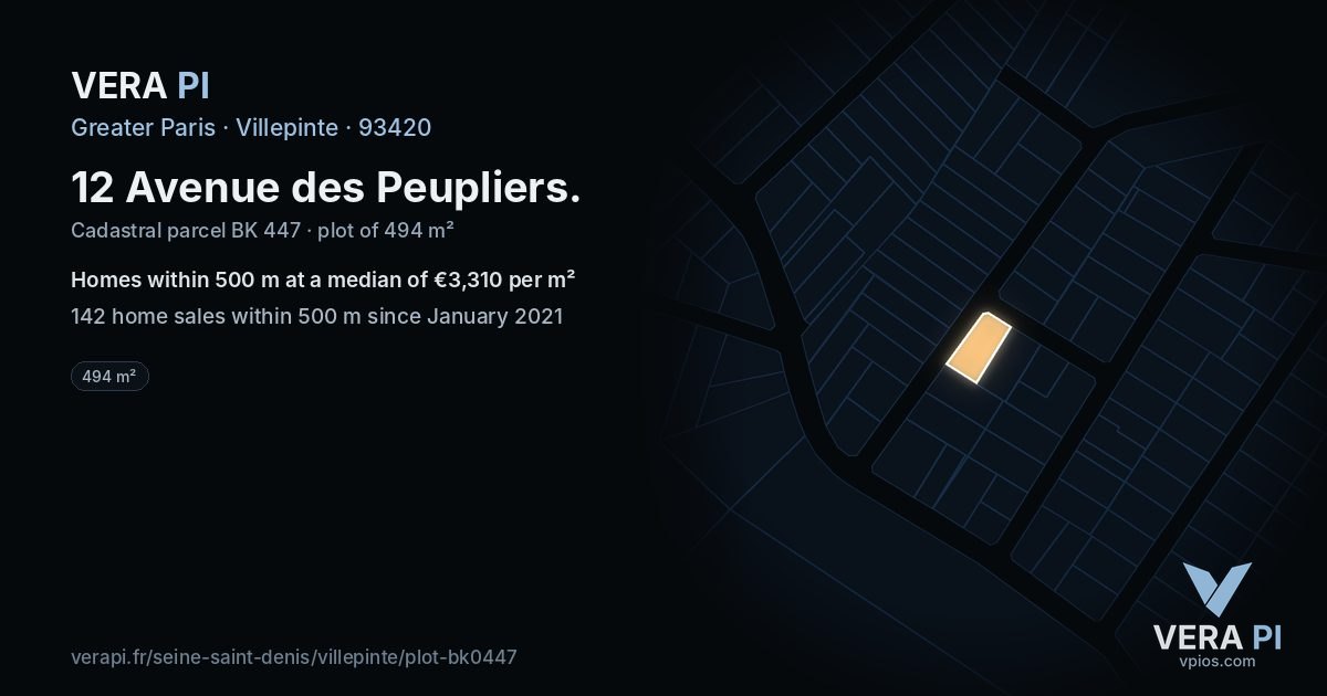 12 Avenue des Peupliers, Villepinte at night – the plot lit, the parcels around coloured by the prices near them
