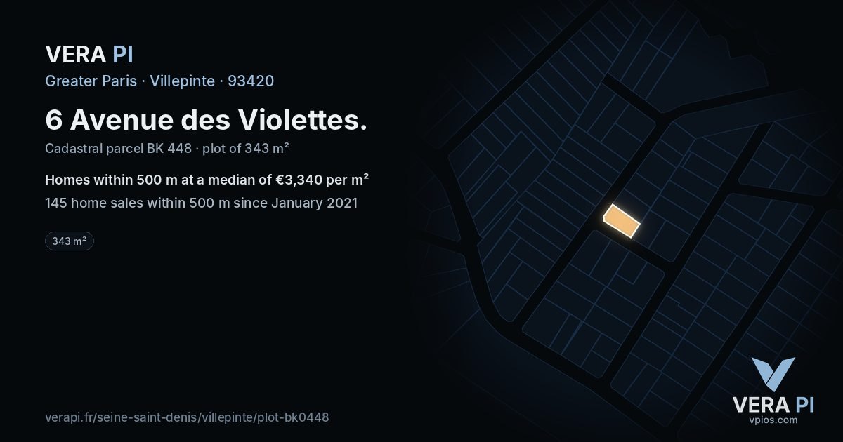 6 Avenue des Violettes, Villepinte at night – the plot lit, the parcels around coloured by the prices near them