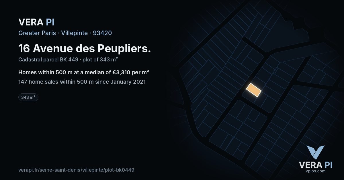 16 Avenue des Peupliers, Villepinte at night – the plot lit, the parcels around coloured by the prices near them