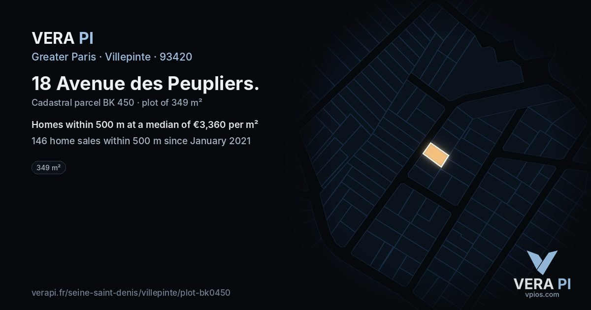 18 Avenue des Peupliers, Villepinte at night – the plot lit, the parcels around coloured by the prices near them