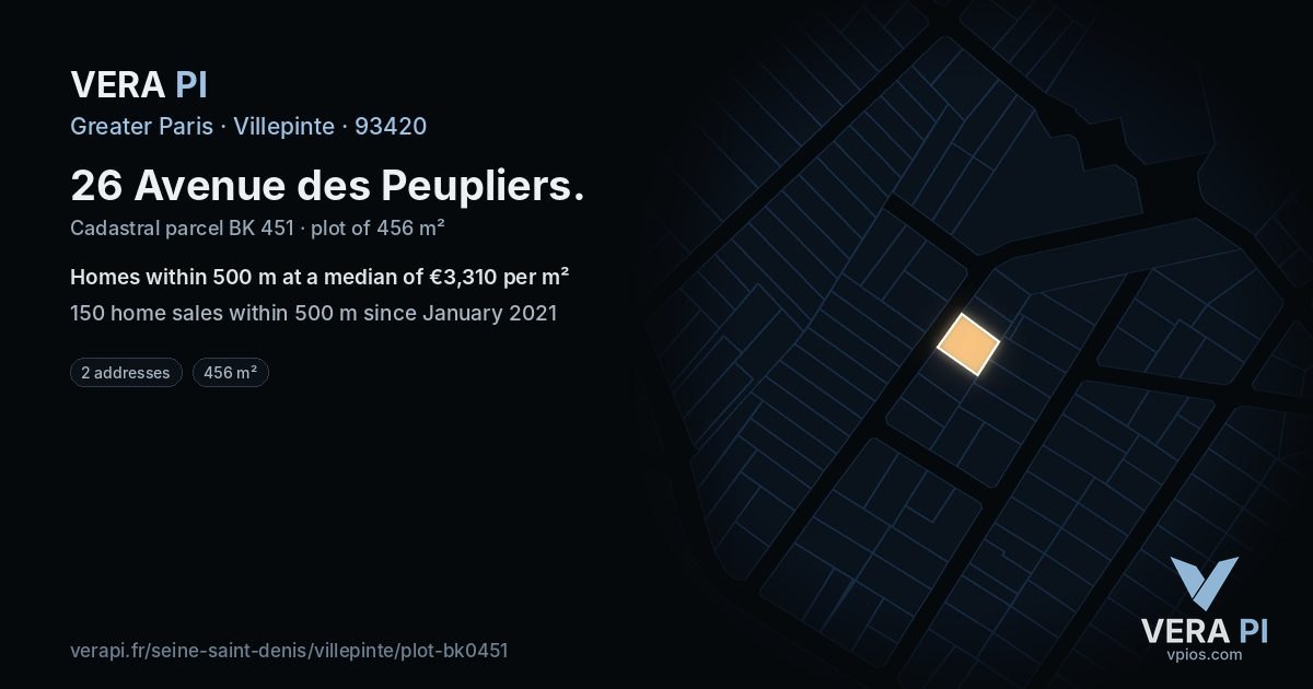 26 Avenue des Peupliers, Villepinte at night – the plot lit, the parcels around coloured by the prices near them