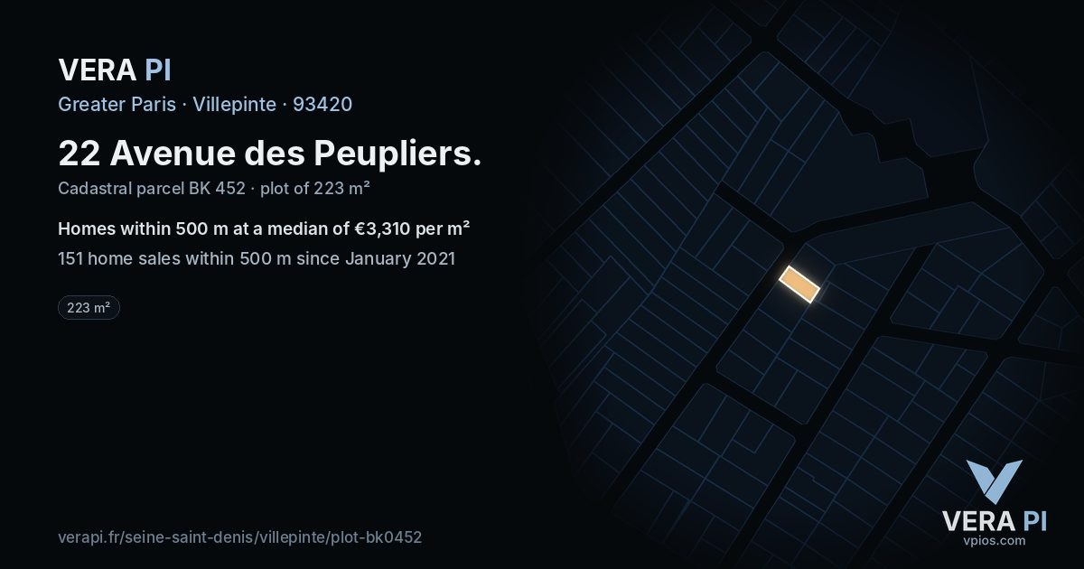 22 Avenue des Peupliers, Villepinte at night – the plot lit, the parcels around coloured by the prices near them