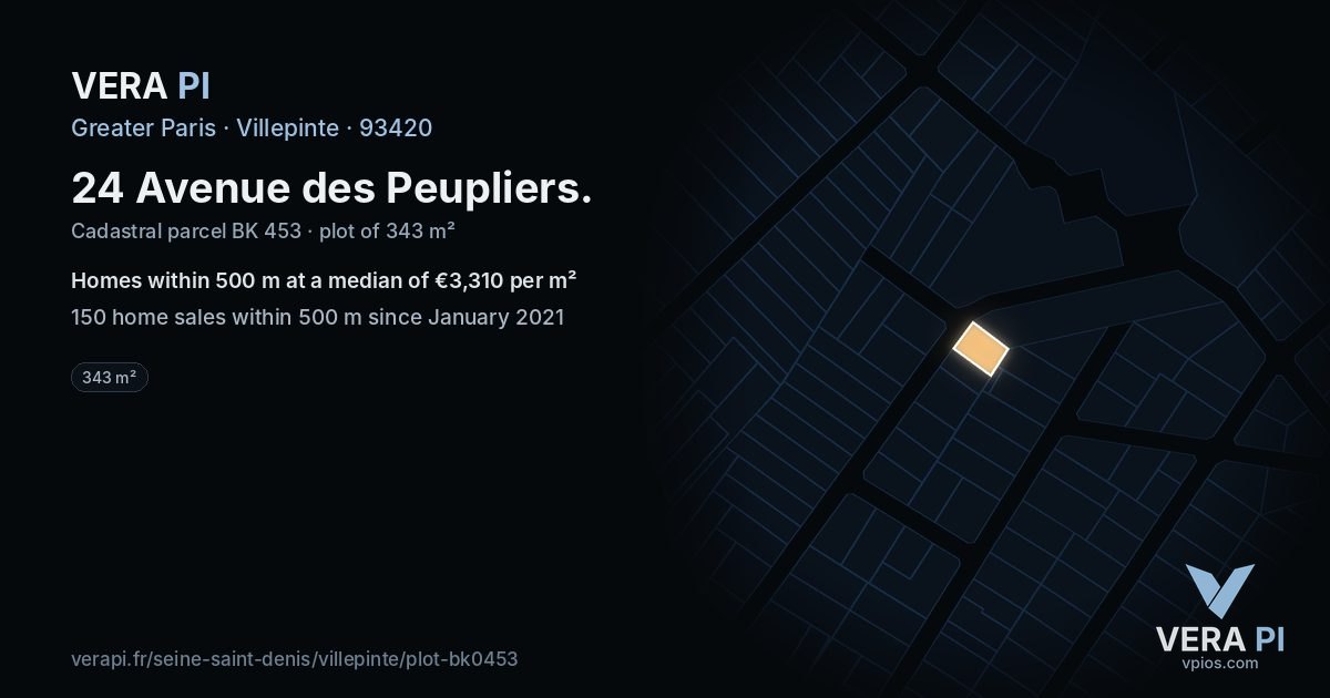 24 Avenue des Peupliers, Villepinte at night – the plot lit, the parcels around coloured by the prices near them