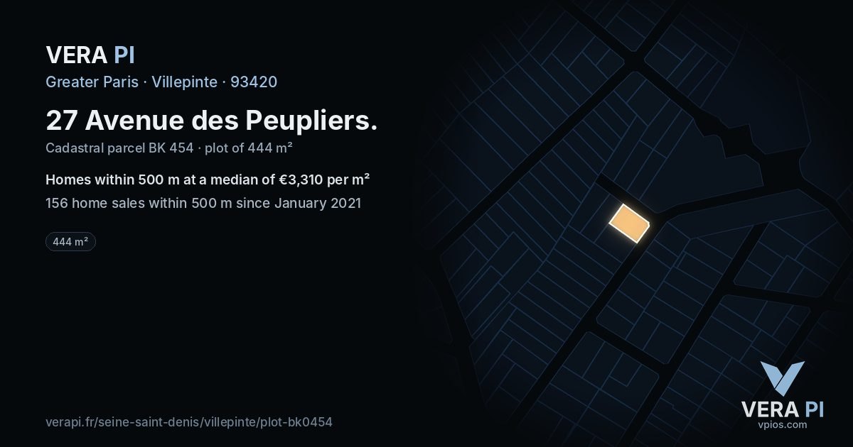 27 Avenue des Peupliers, Villepinte at night – the plot lit, the parcels around coloured by the prices near them