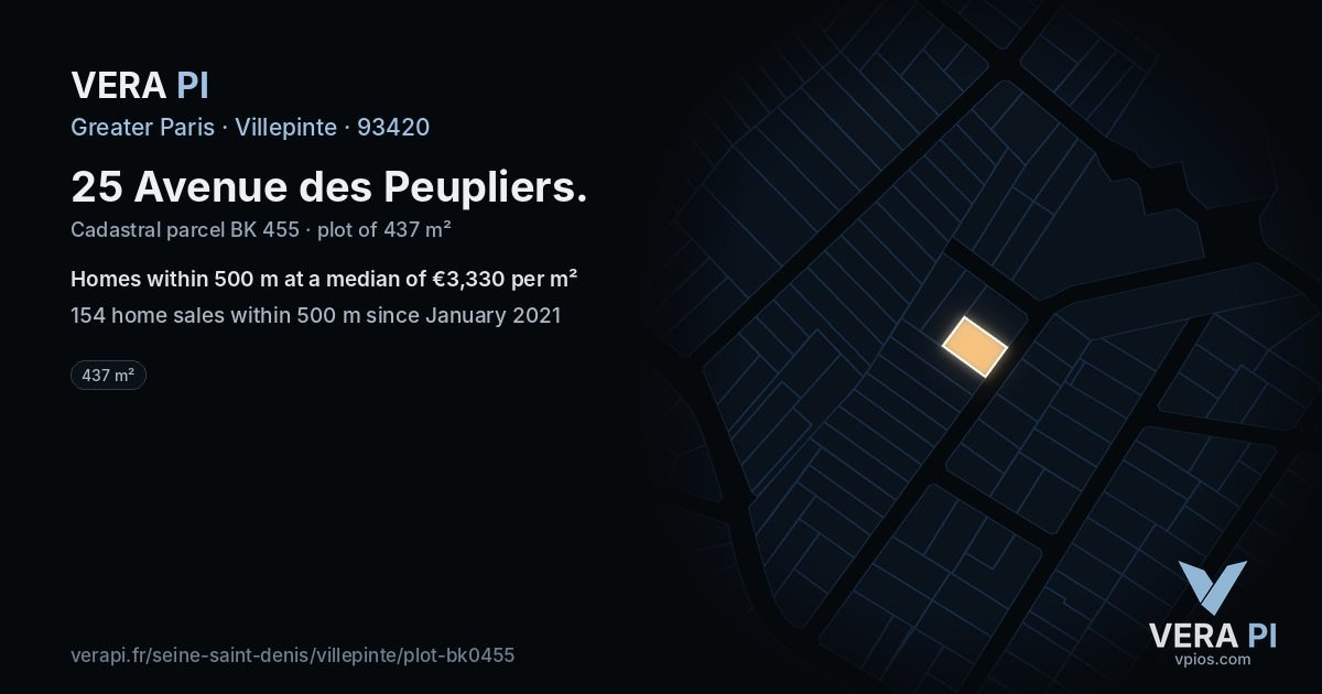 25 Avenue des Peupliers, Villepinte at night – the plot lit, the parcels around coloured by the prices near them