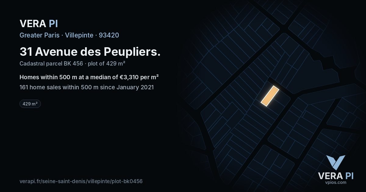 31 Avenue des Peupliers, Villepinte at night – the plot lit, the parcels around coloured by the prices near them