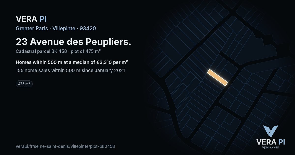 23 Avenue des Peupliers, Villepinte at night – the plot lit, the parcels around coloured by the prices near them