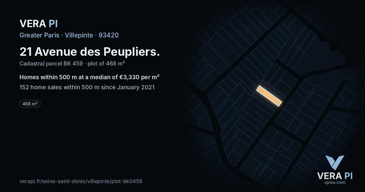 21 Avenue des Peupliers, Villepinte at night – the plot lit, the parcels around coloured by the prices near them