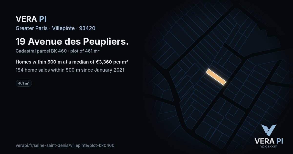 19 Avenue des Peupliers, Villepinte at night – the plot lit, the parcels around coloured by the prices near them