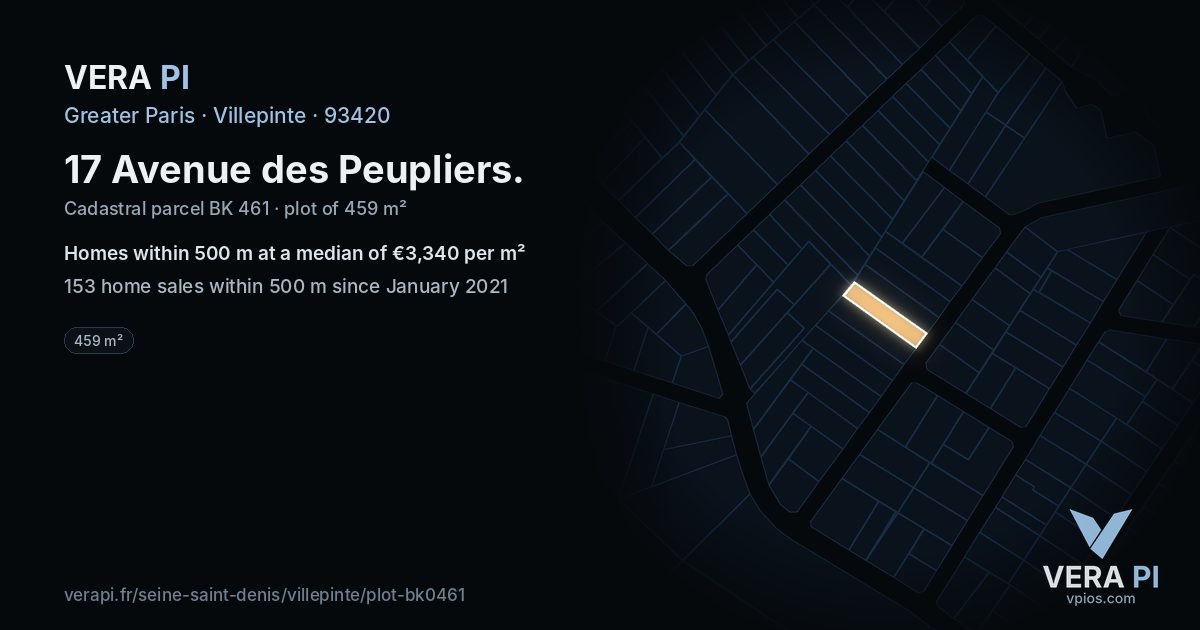 17 Avenue des Peupliers, Villepinte at night – the plot lit, the parcels around coloured by the prices near them