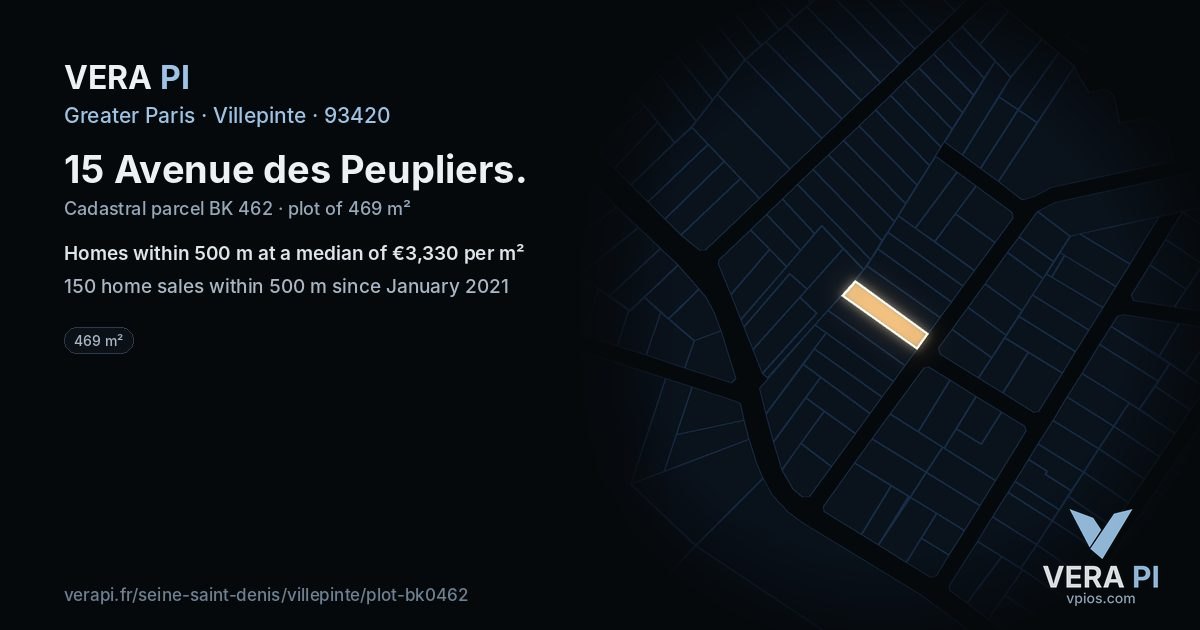 15 Avenue des Peupliers, Villepinte at night – the plot lit, the parcels around coloured by the prices near them