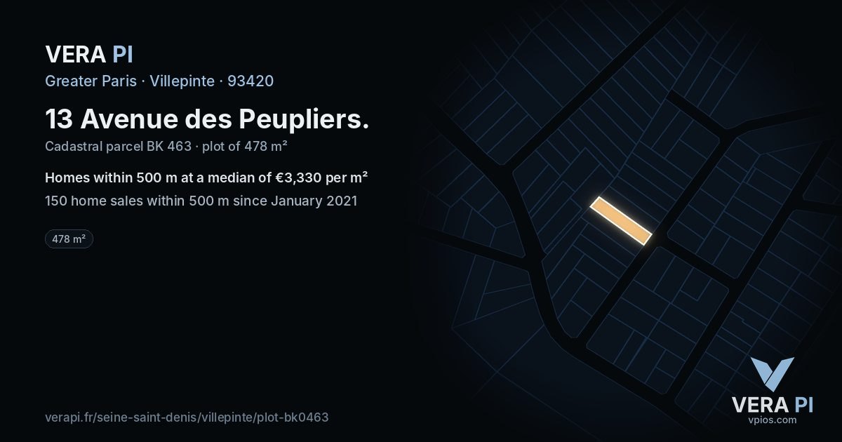 13 Avenue des Peupliers, Villepinte at night – the plot lit, the parcels around coloured by the prices near them