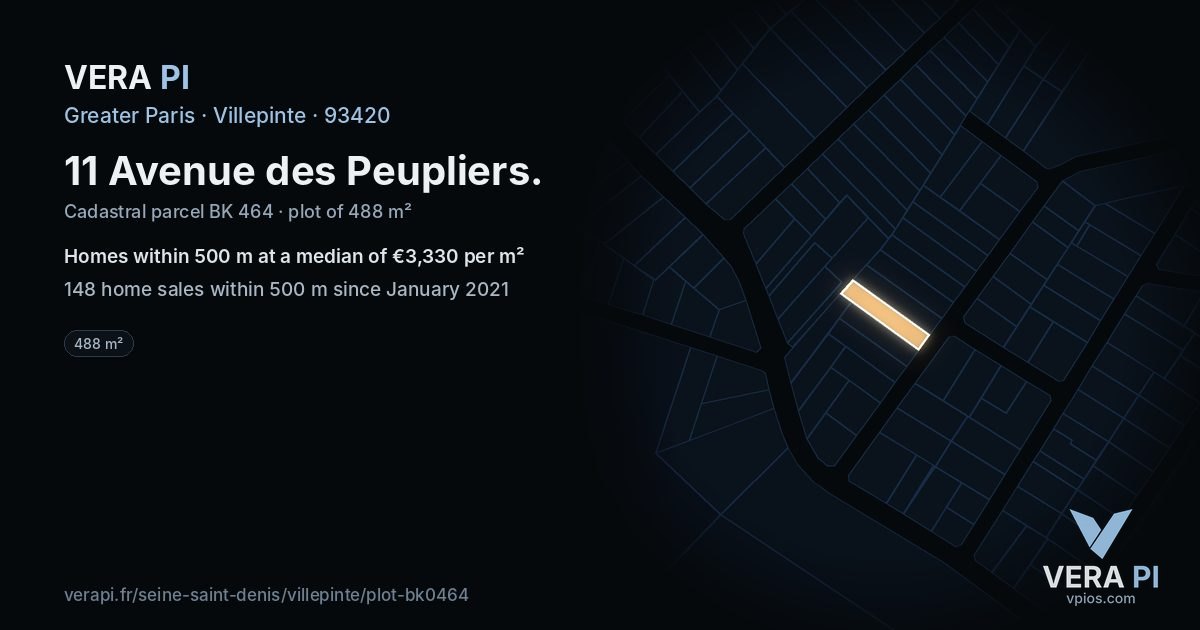 11 Avenue des Peupliers, Villepinte at night – the plot lit, the parcels around coloured by the prices near them