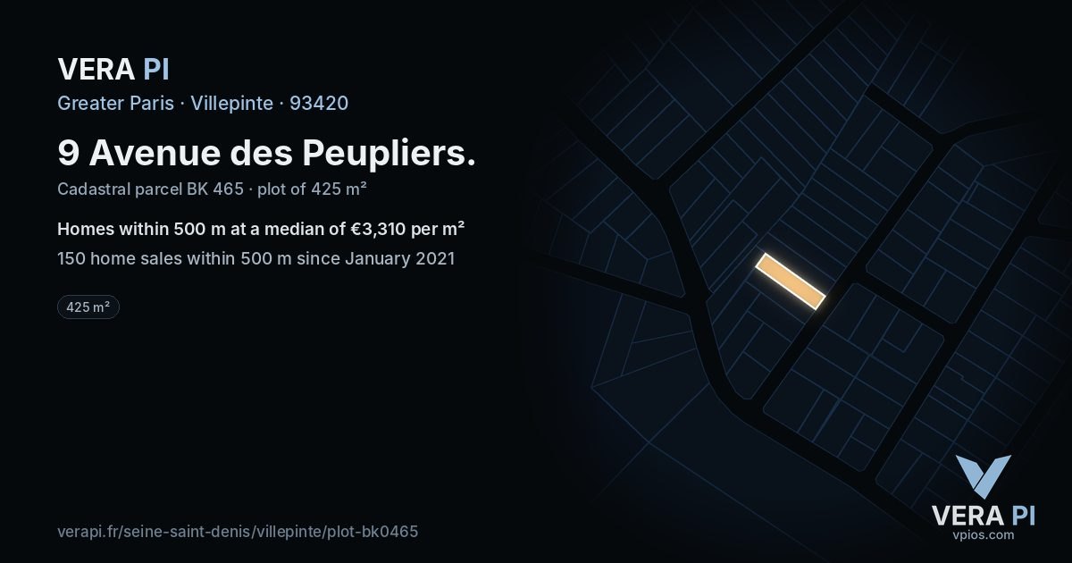 9 Avenue des Peupliers, Villepinte at night – the plot lit, the parcels around coloured by the prices near them