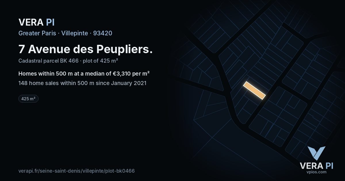 7 Avenue des Peupliers, Villepinte at night – the plot lit, the parcels around coloured by the prices near them