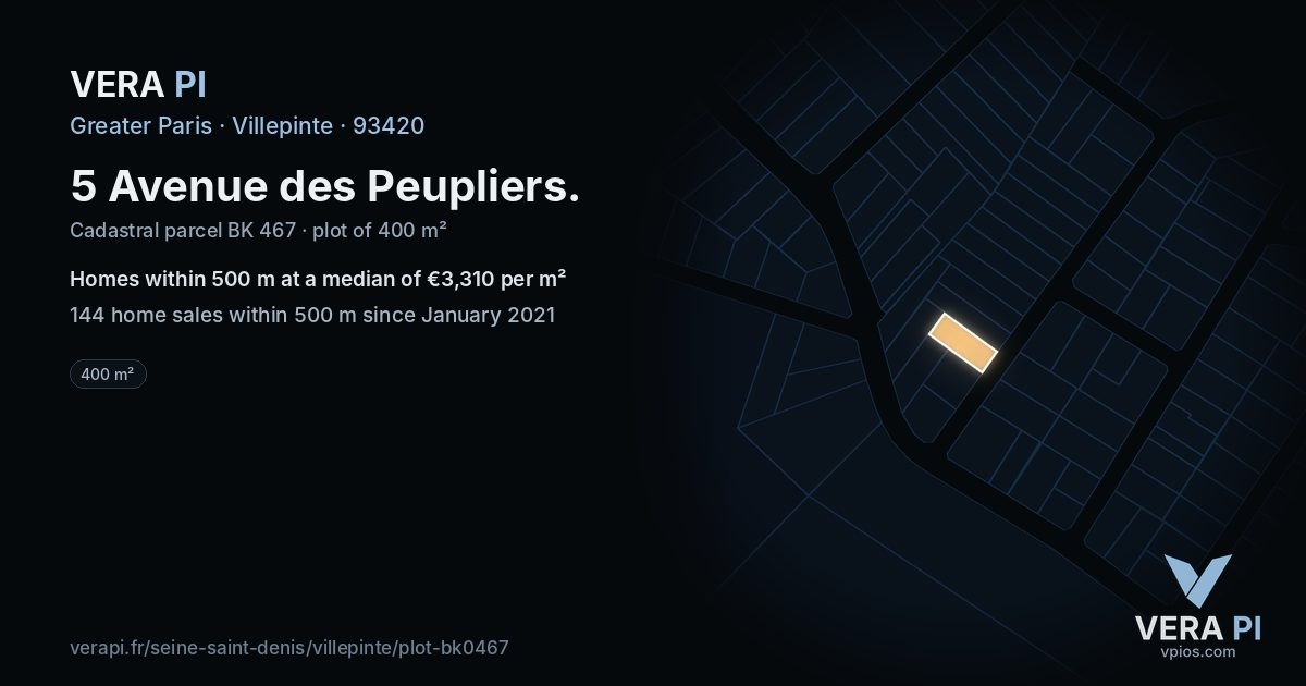 5 Avenue des Peupliers, Villepinte at night – the plot lit, the parcels around coloured by the prices near them