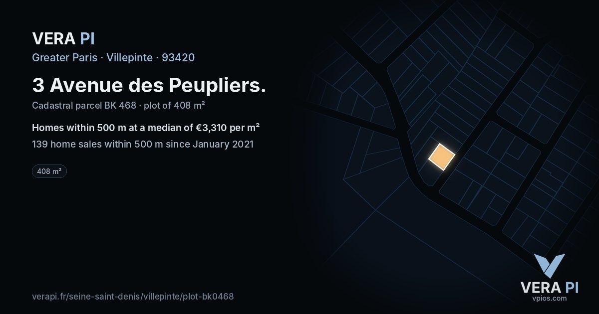3 Avenue des Peupliers, Villepinte at night – the plot lit, the parcels around coloured by the prices near them