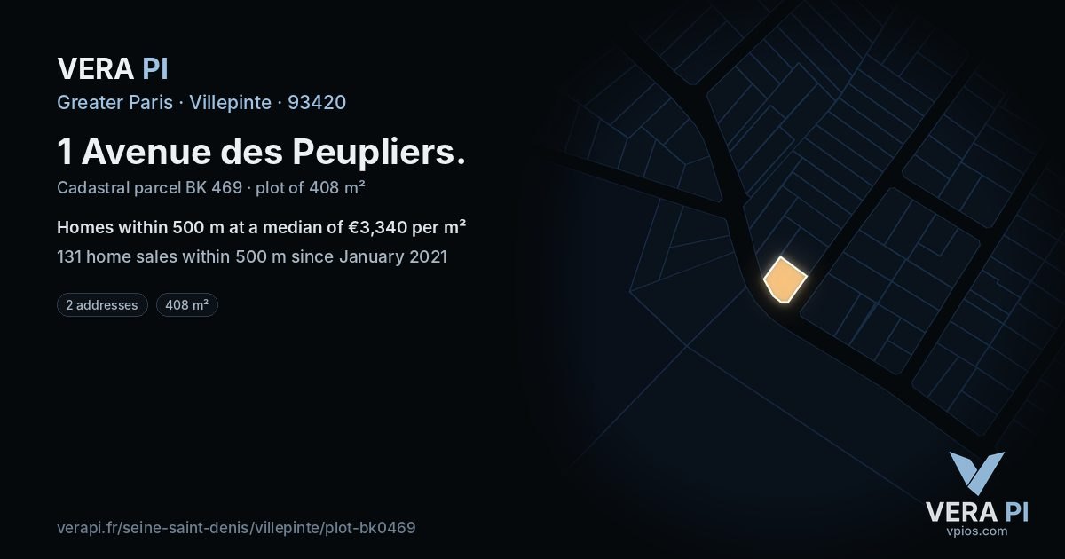 1 Avenue des Peupliers, Villepinte at night – the plot lit, the parcels around coloured by the prices near them